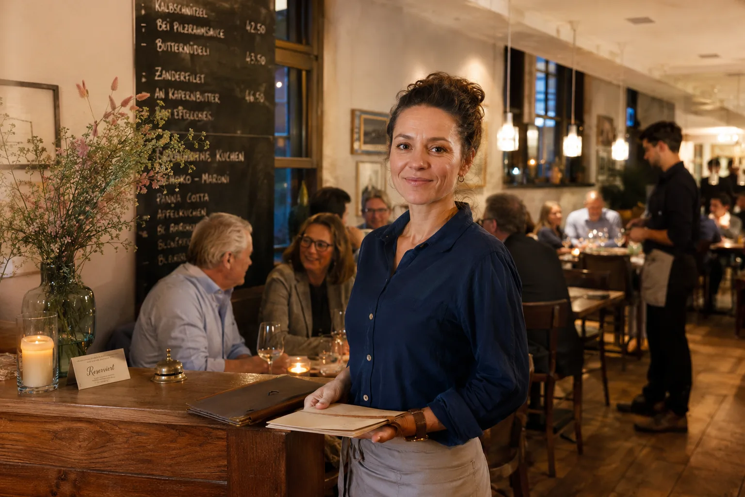 Gastgeberin mit Menükarten im Restaurant